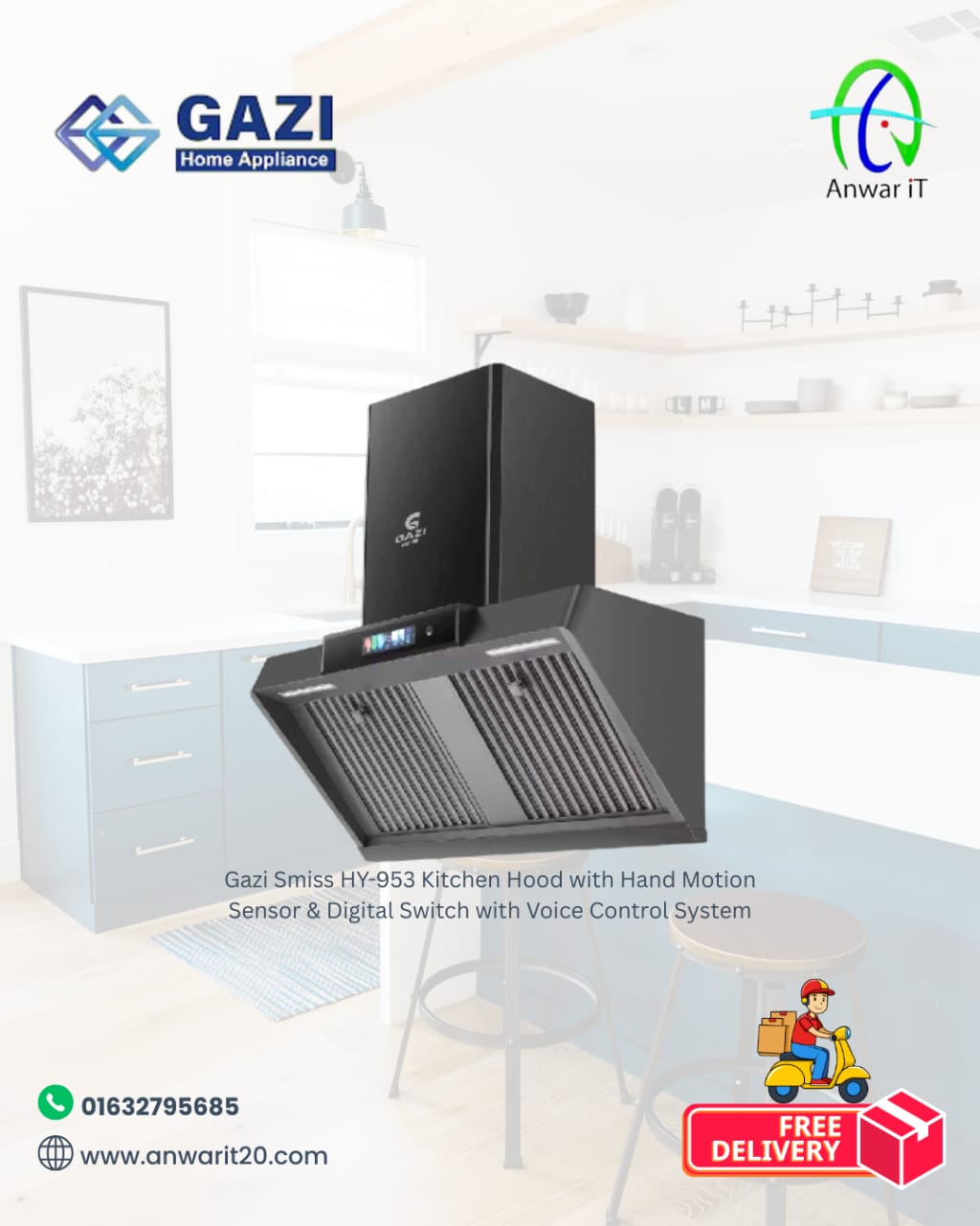 Gazi Smiss HY-953 Kitchen Hood with Hand Motion Sensor & Digital Switch with Voice Control System