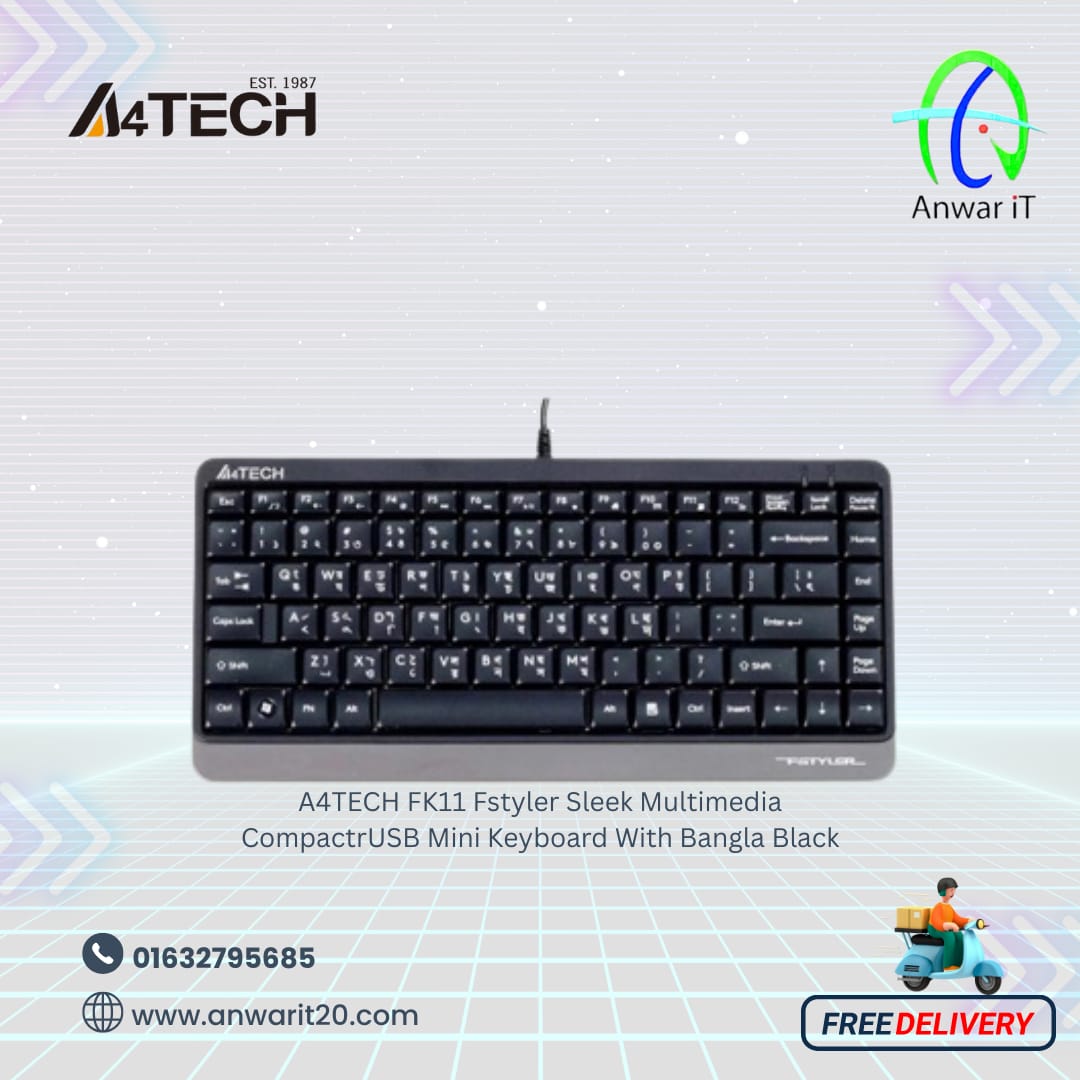 A4TECH FK11 Fstyler Sleek Multimedia CompactrUSB Mini Keyboard With Bangla Black