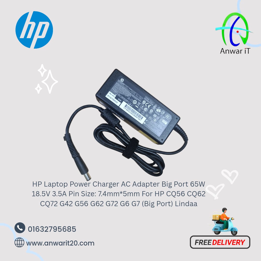 HP Laptop Power Charger AC Adapter Big Port 65W 18.5V 3.5A Pin Size: 7.4mm*5mm For HP CQ56 CQ62 CQ72 G42 G56 G62 G72 G6 G7 (Big Port) Lindaa