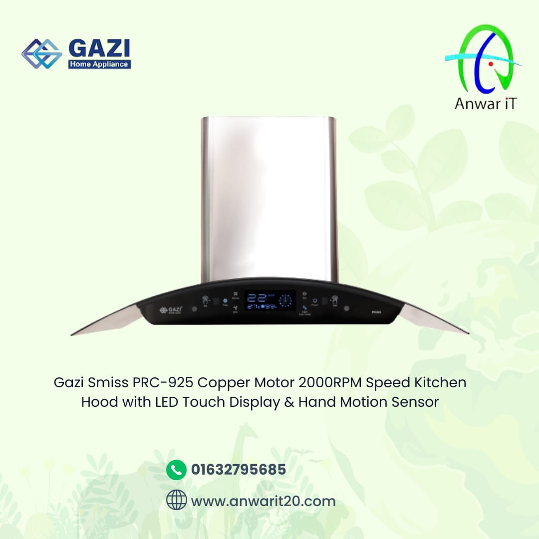 Gazi Smiss PRC-925 Copper Motor 2000RPM Speed Kitchen Hood with LED Touch Display & Hand Motion Sensor