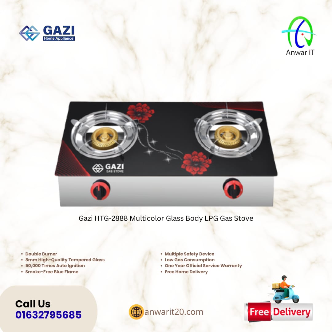 Gazi HTG-2888 Multicolor Glass Body LPG Gas Stove