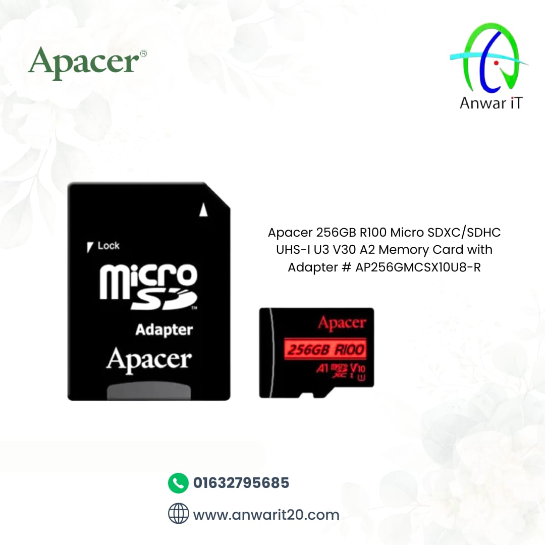 Apacer 256GB R100 Micro SDXC/SDHC UHS-I U3 V30 A2 Memory Card with Adapter # AP256GMCSX10U8-R