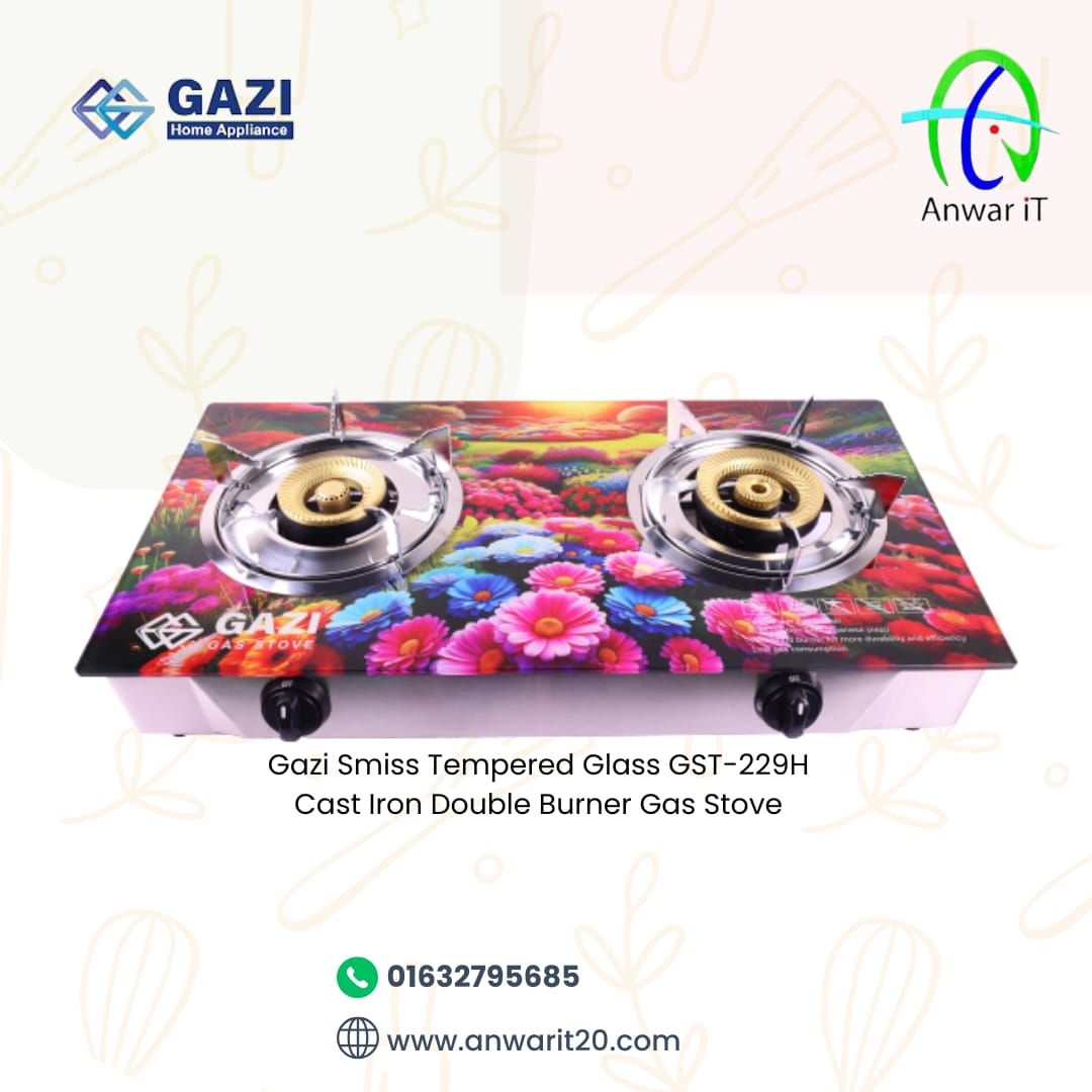 Gazi Smiss Tempered Glass GST-229H Cast Iron Double Burner Gas Stove