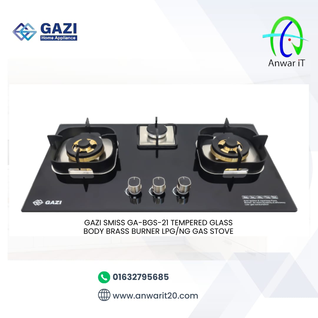 Gazi Smiss GA-BGS-21 Tempered Glass Body Brass Burner LPG/NG Gas Stove