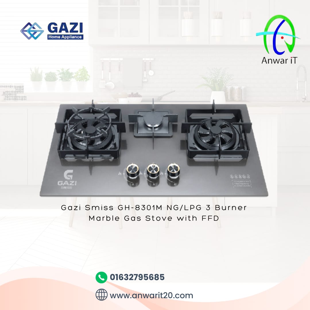 Gazi Smiss GH-8301M NG/LPG 3 Burner Marble Gas Stove