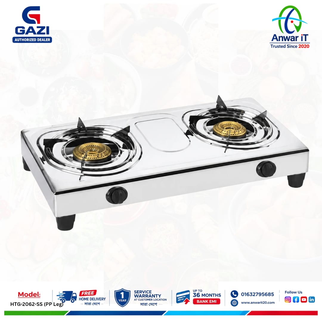 Gazi Smiss HTG-2062-SS (PP Leg) LPG Gas Stove – Premium Stainless Steel Double Burner