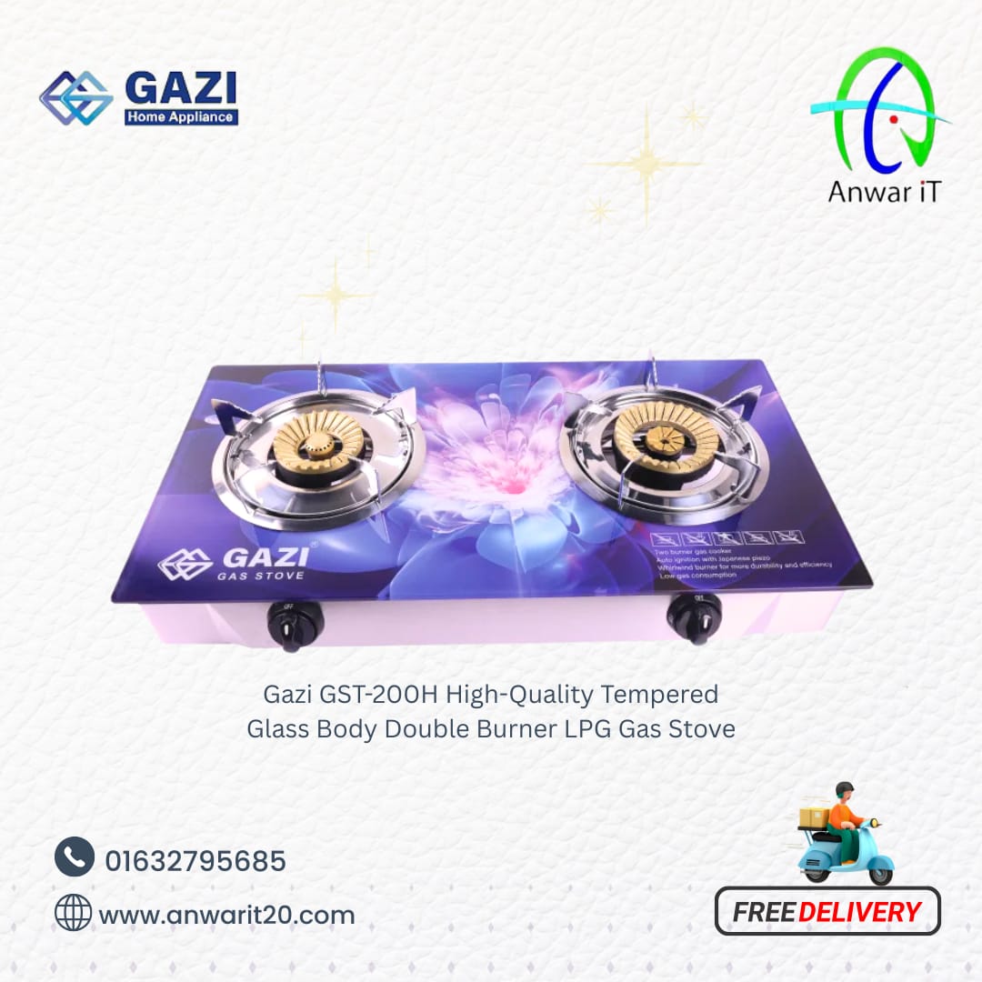 Gazi GST-200H High-Quality Tempered Glass Body Double Burner LPG Gas Stove